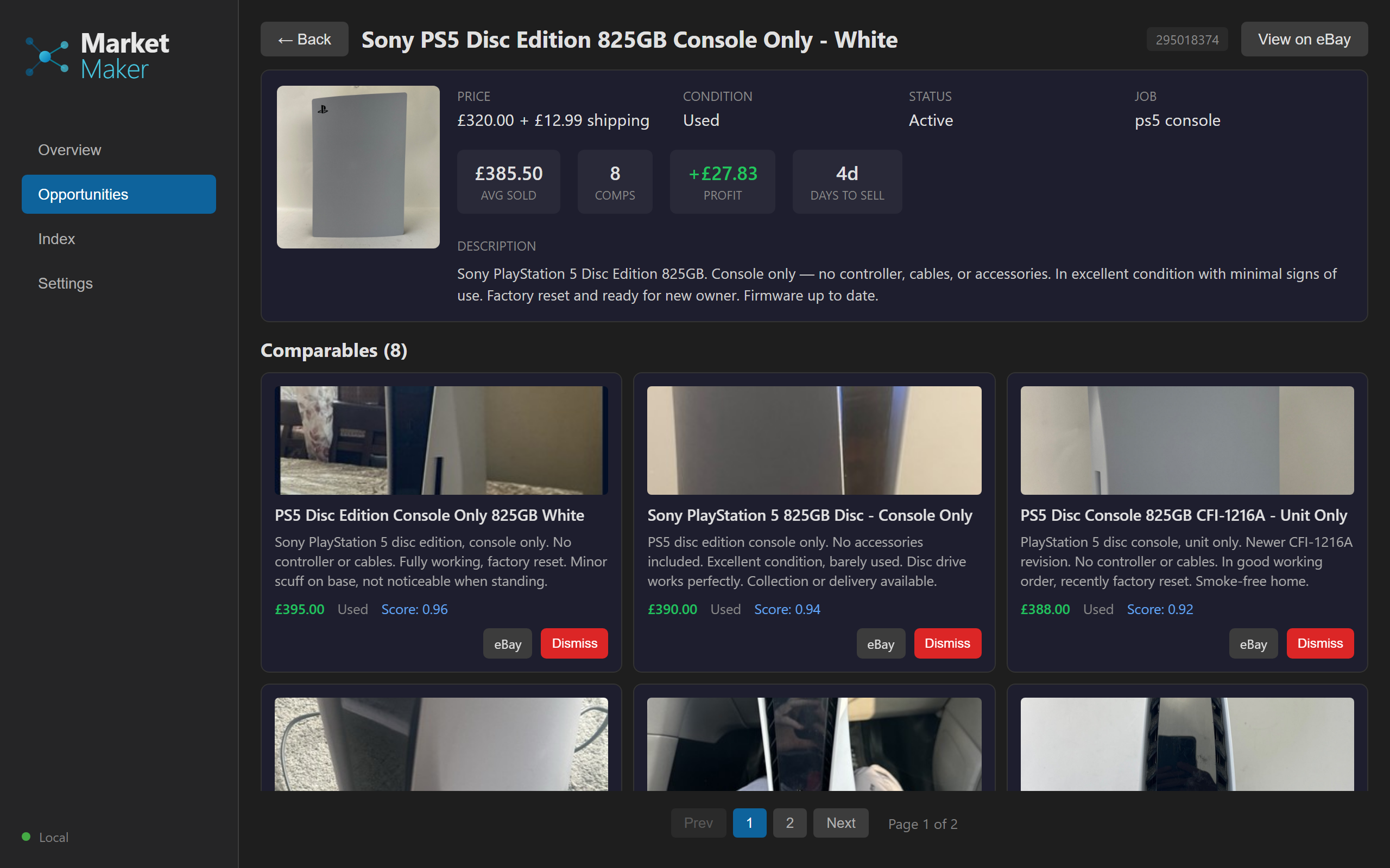 Listing detail view showing comparable items with similarity scores